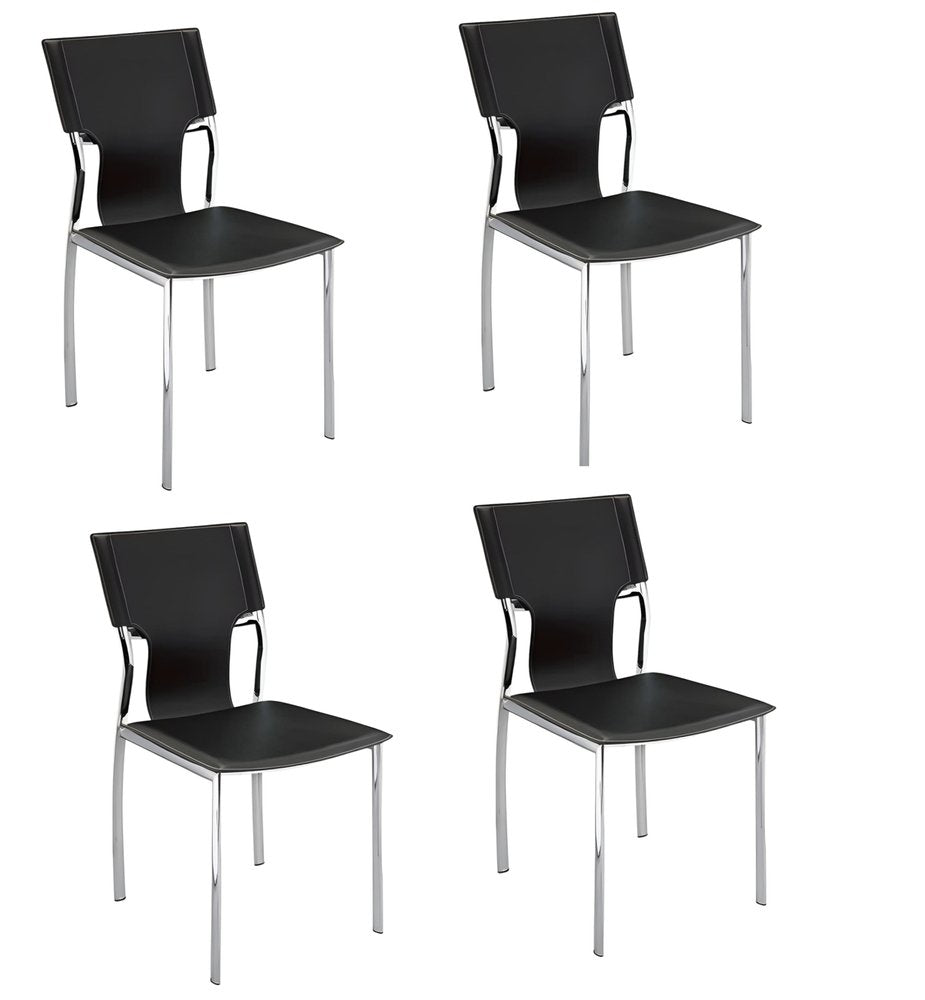 Set of Four Black and Silver Metal and Leather Partially Open Back Dining Side Chairs