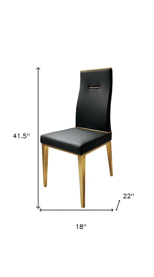 Set of Four Black and Gold Upholstered Faux Leather Dining Side Chairs