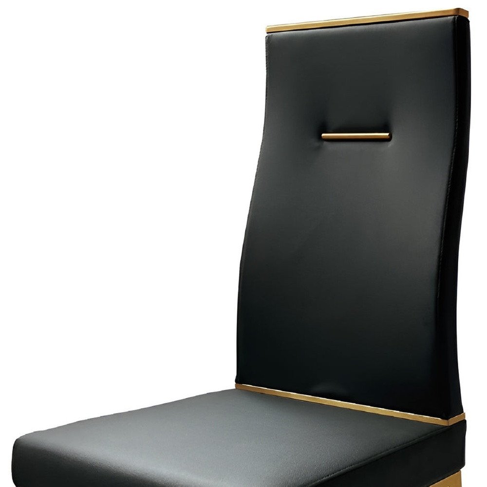 Set of Four Black and Gold Upholstered Faux Leather Dining Side Chairs