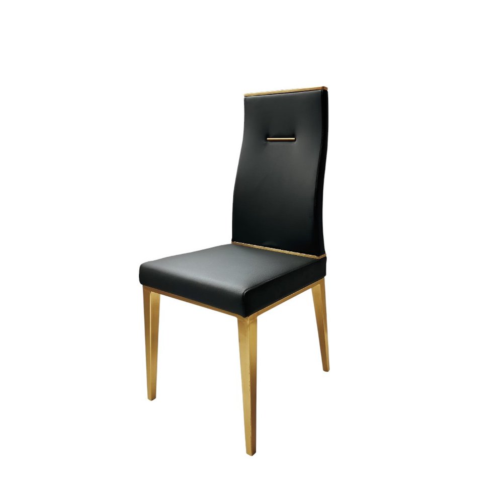 Set of Four Black and Gold Upholstered Faux Leather Dining Side Chairs