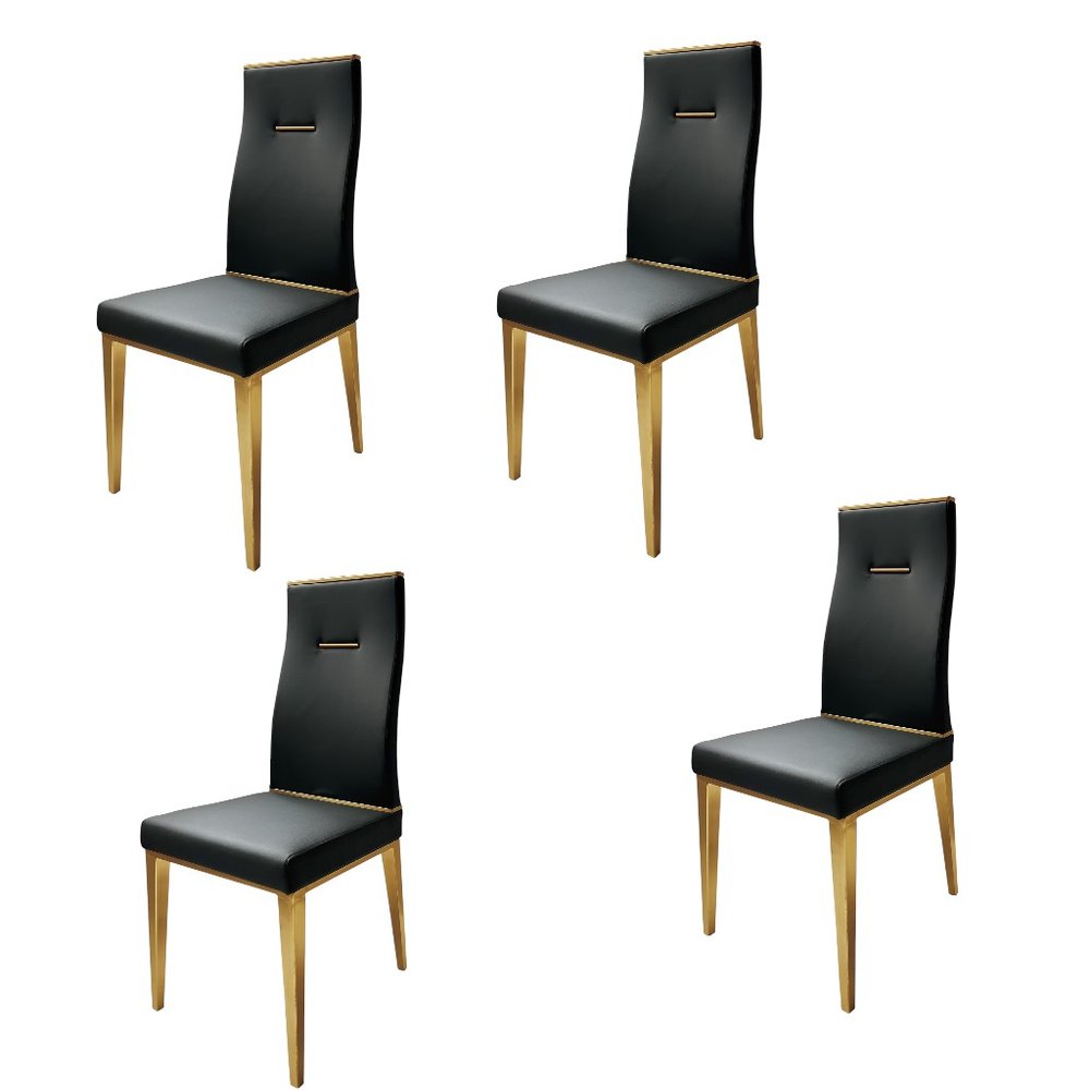 Set of Four Black and Gold Upholstered Faux Leather Dining Side Chairs