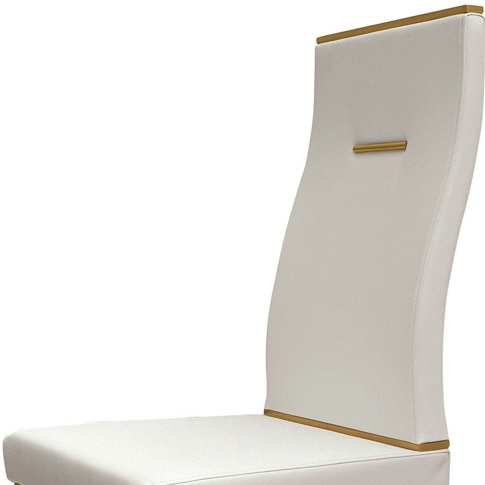 Set of Four White and Gold Upholstered Faux Leather Dining Side Chairs