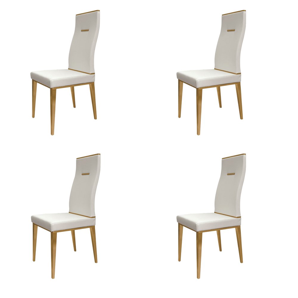 Set of Four White and Gold Upholstered Faux Leather Dining Side Chairs