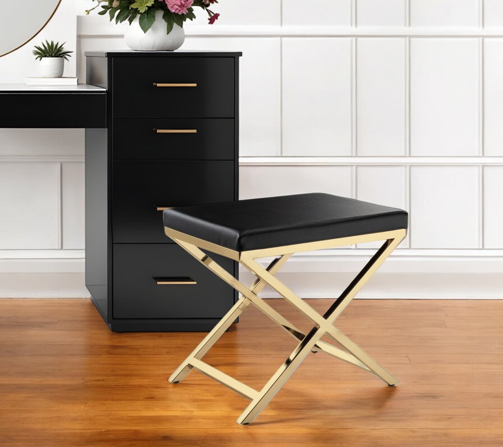 21" Black and Gold Faux Leather Vanity Chair