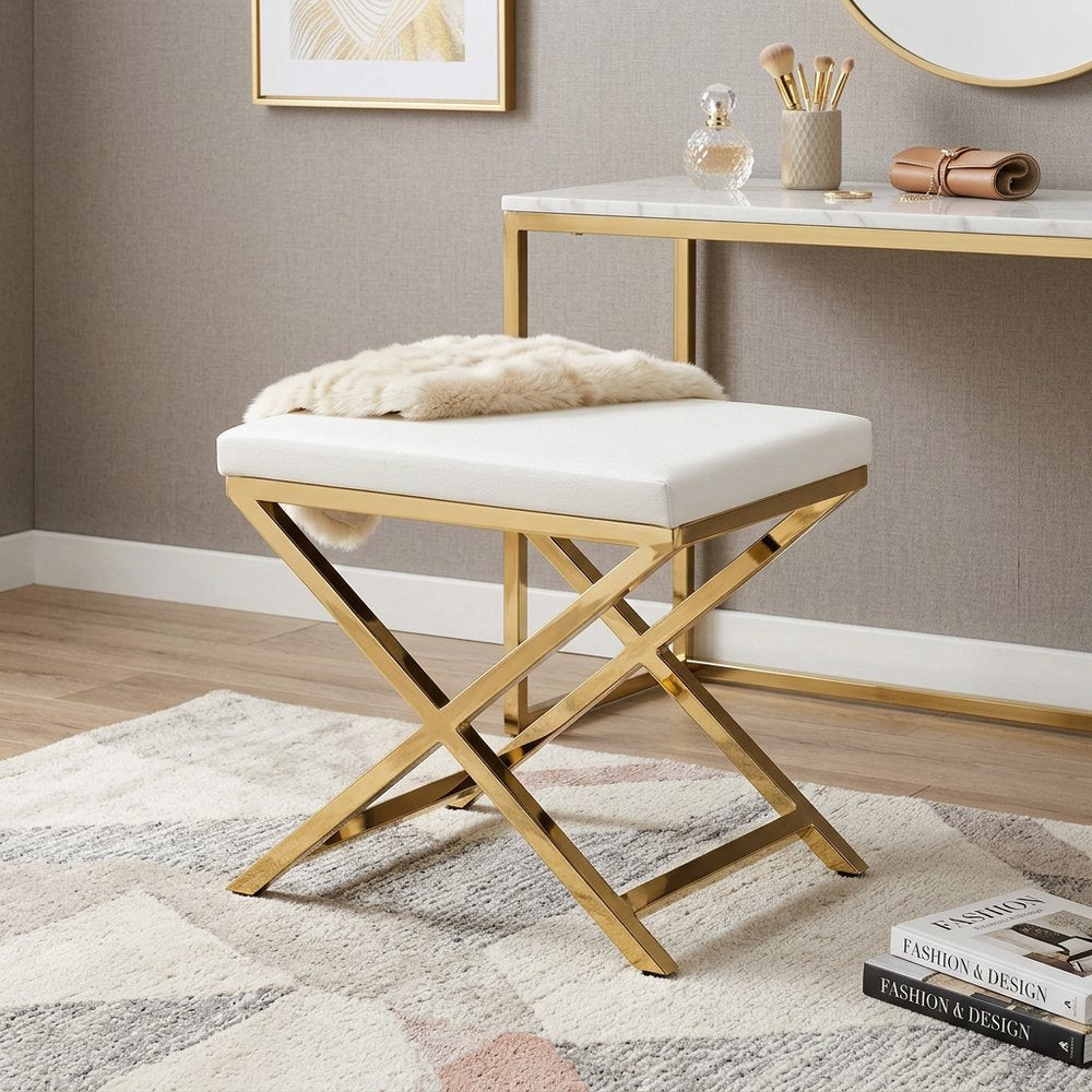 21" White and Gold Faux Leather Vanity Chair