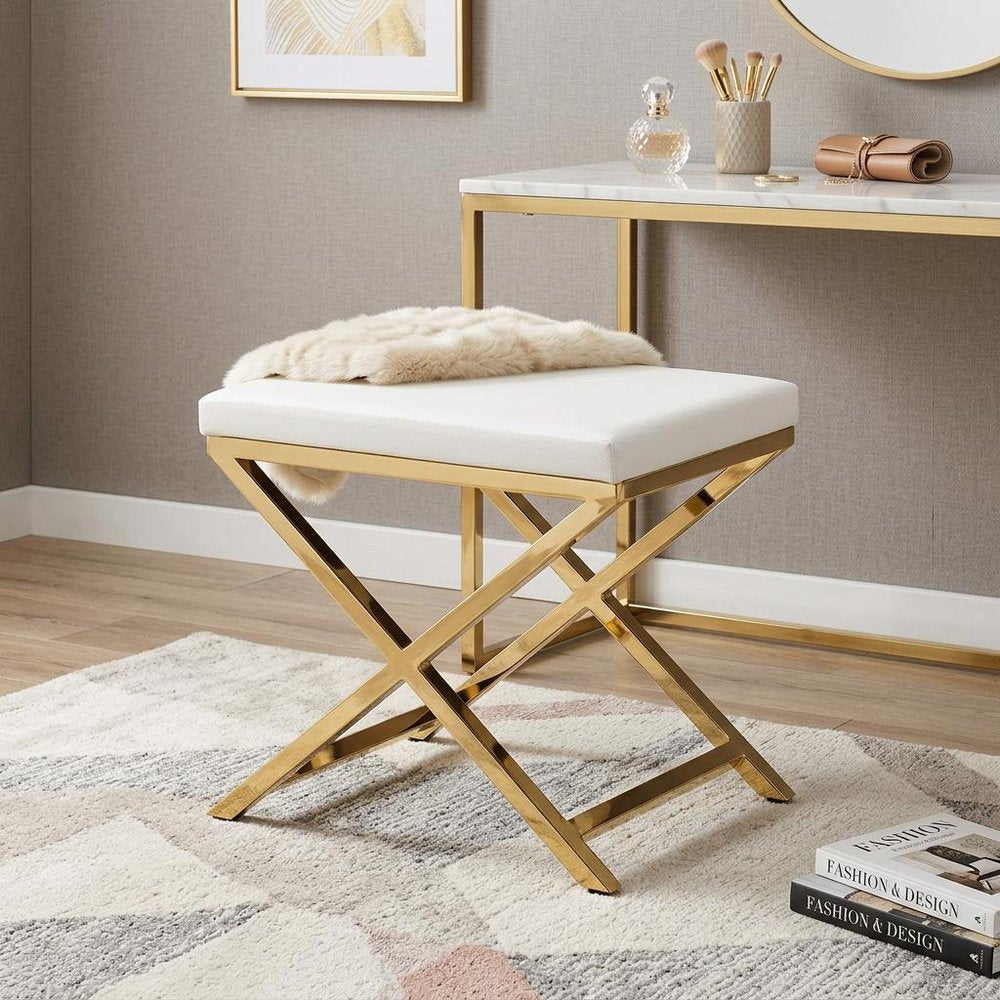 21" White and Gold Faux Leather Vanity Chair