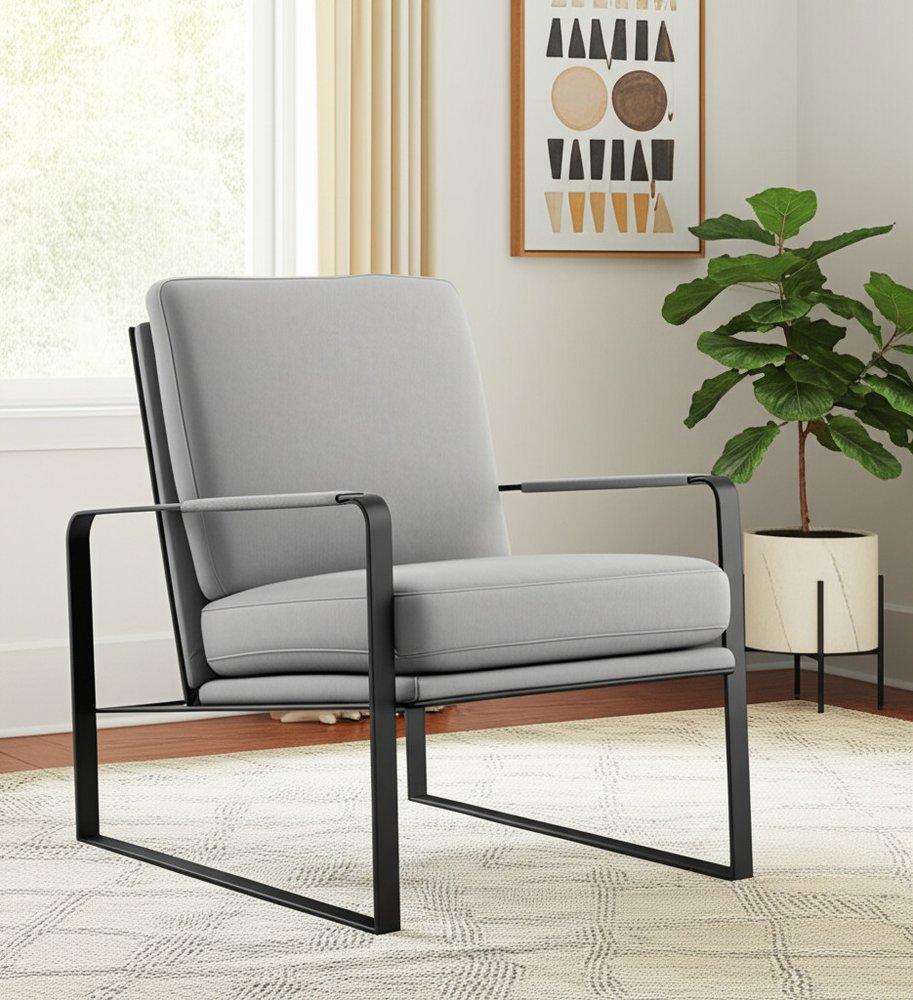 35" Light Gray and Black Velvet And Metal Lounge Chair