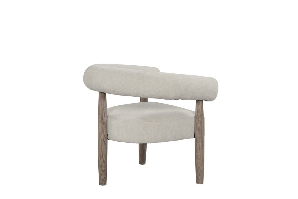 29" Cream and Light Brown Fabric And Wood Curved Arm Chair