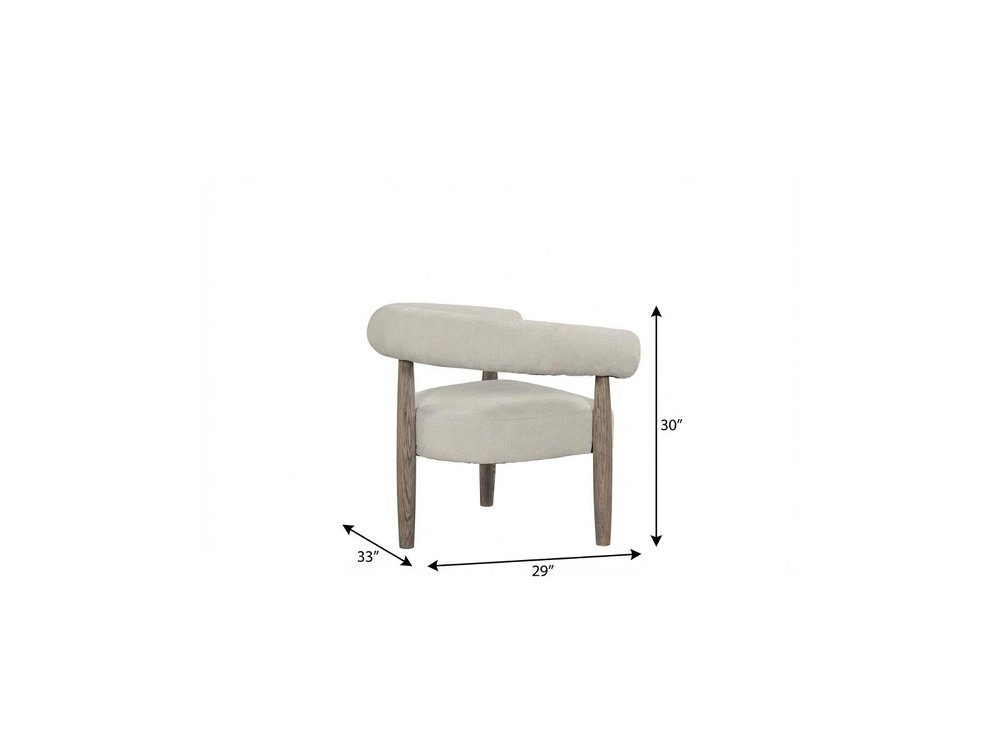 29" Cream and Light Brown Fabric And Wood Curved Arm Chair