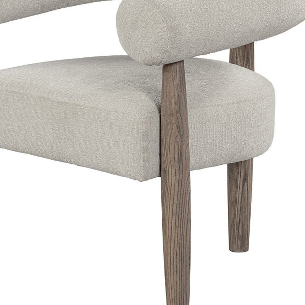 29" Cream and Light Brown Fabric And Wood Curved Arm Chair