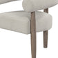 29" Cream and Light Brown Fabric And Wood Curved Arm Chair