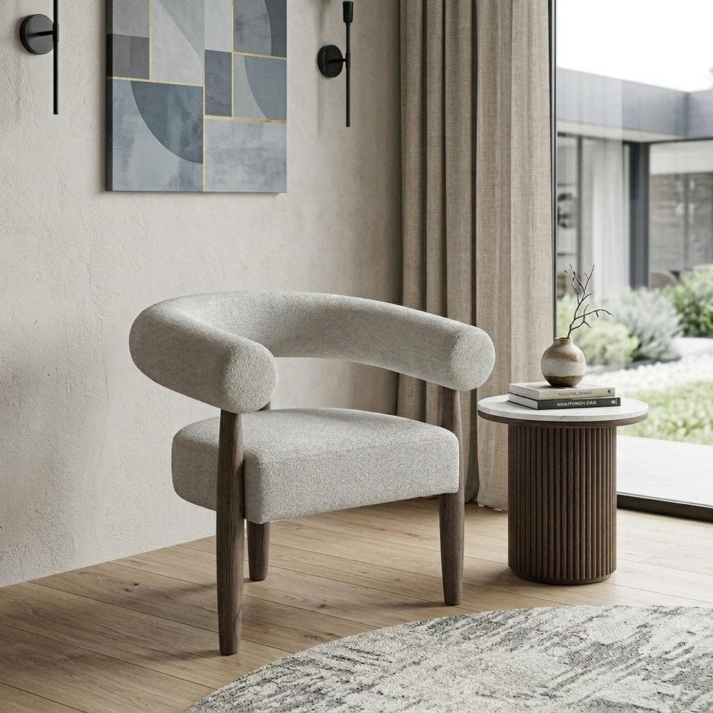 29" Cream and Light Brown Fabric And Wood Curved Arm Chair