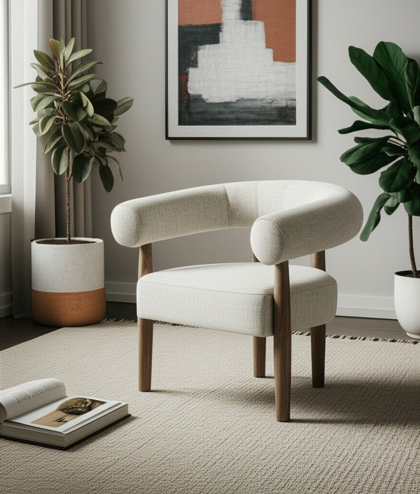 29" Off White and Ash Gray Fabric And Wood Arm Chair