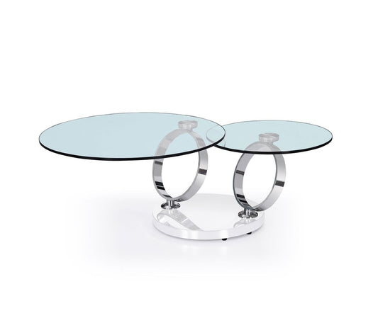 32" Clear White and Silver Glass And Metal Round Abstract Coffee Table
