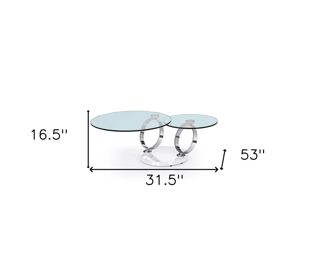 32" Clear White and Silver Glass And Metal Round Abstract Coffee Table