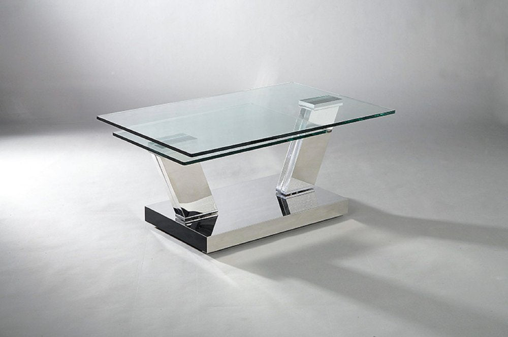 32" Clear And Silver Glass And Stainless Steel Floor Shelf Coffee Table