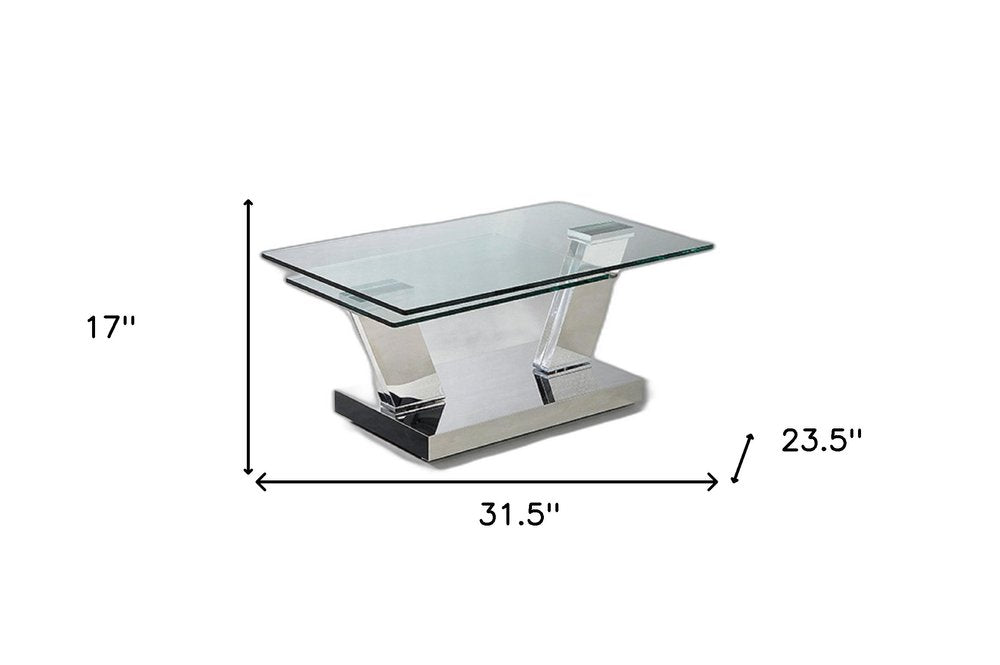 32" Clear And Silver Glass And Stainless Steel Floor Shelf Coffee Table