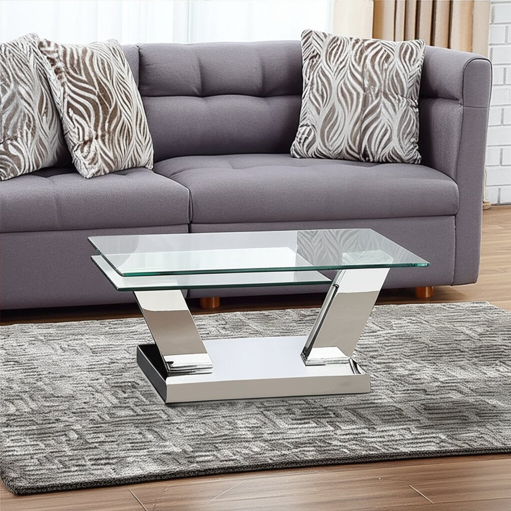 32" Clear And Silver Glass And Stainless Steel Floor Shelf Coffee Table