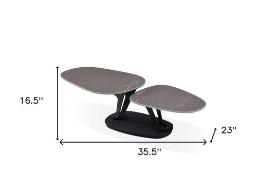 36" Gray And Black Faux Marble And Metal Oval Coffee Table