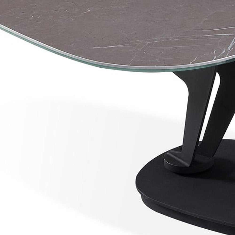 36" Gray And Black Faux Marble And Metal Oval Coffee Table