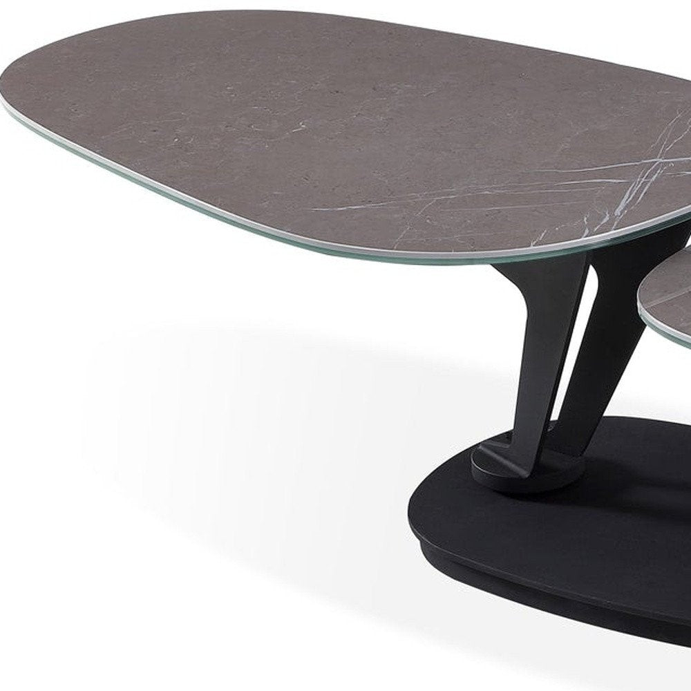 36" Gray And Black Faux Marble And Metal Oval Coffee Table