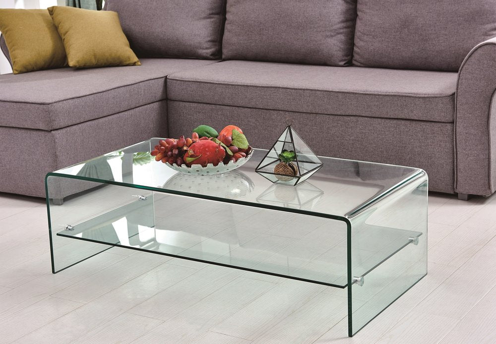 43" Clear Glass Sled Coffee Table With Shelf