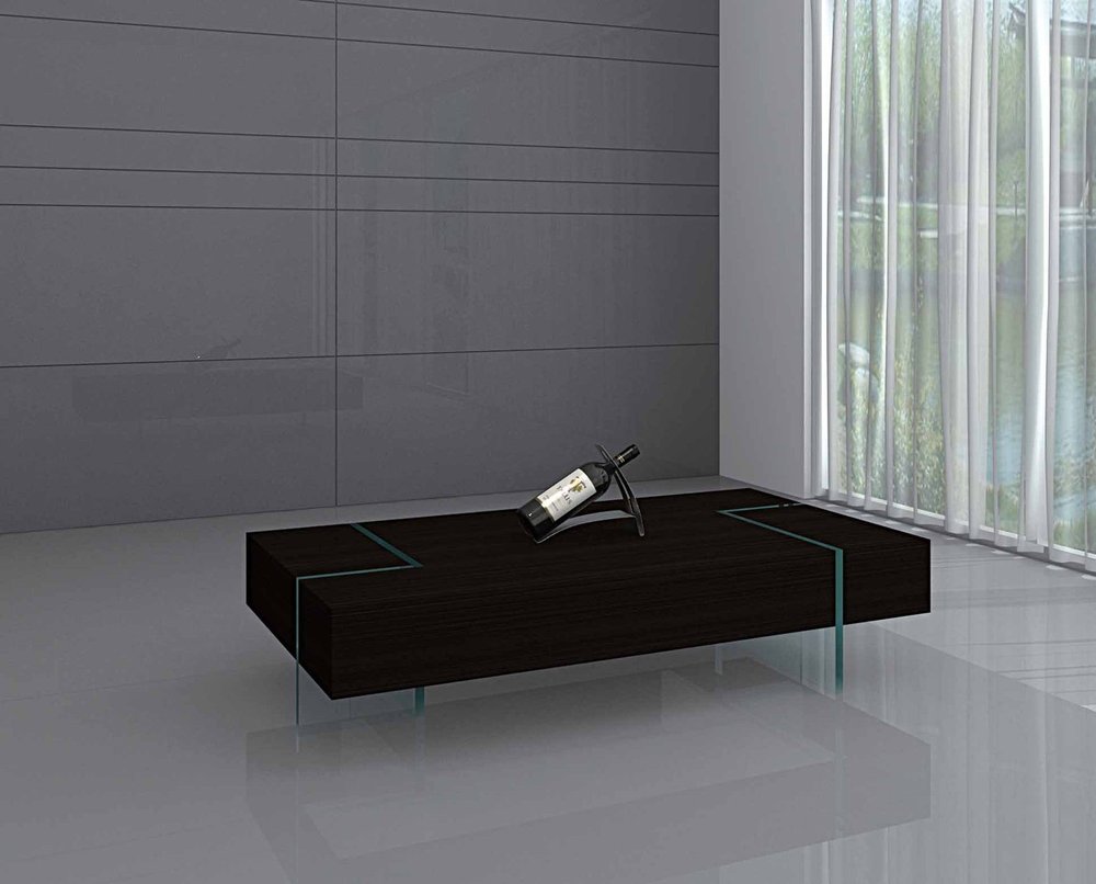 53" Black And Clear Wood And Glass Sled Coffee Table