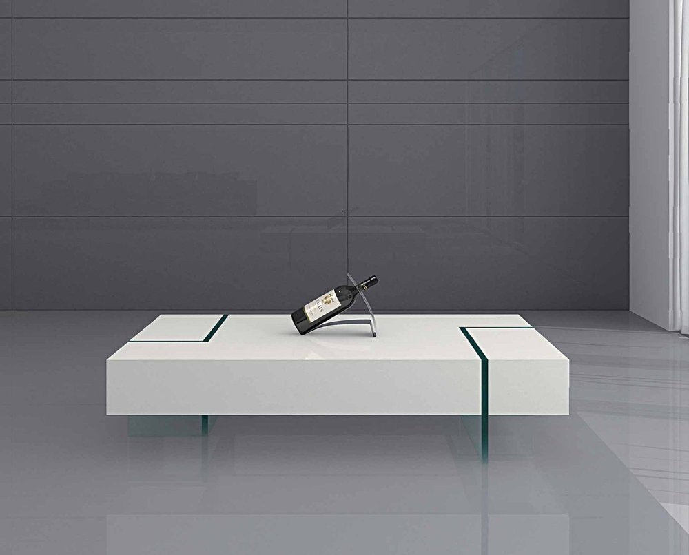 53" White And Clear Wood And Glass Sled Coffee Table