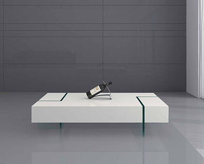 53" White And Clear Wood And Glass Sled Coffee Table