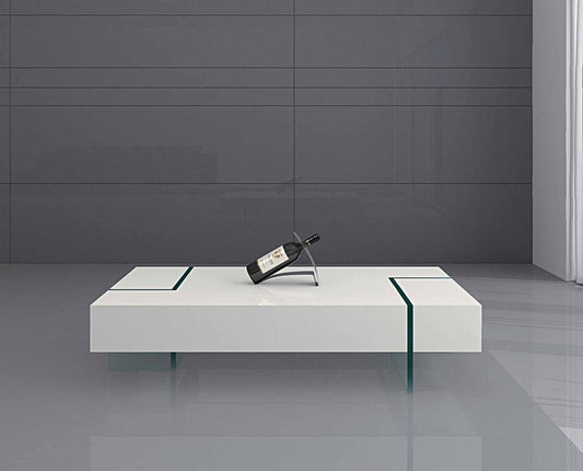 53" White And Clear Wood And Glass Sled Coffee Table