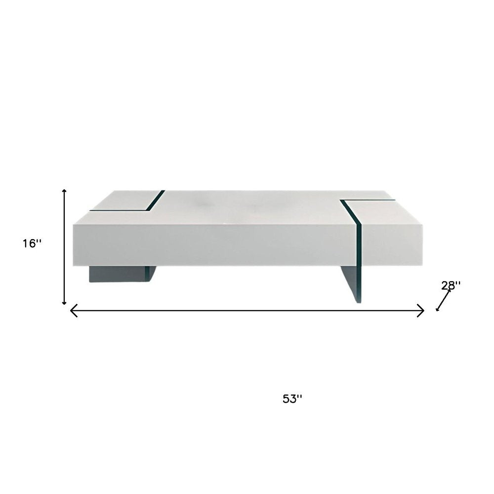 53" White And Clear Wood And Glass Sled Coffee Table