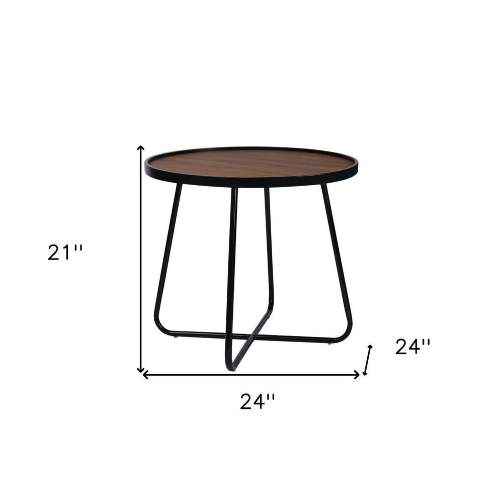 24" Black Wood And Metal Round Cross Legs Coffee Table