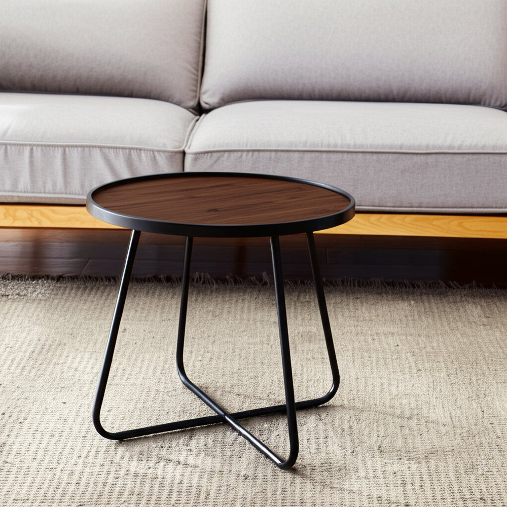 24" Black Wood And Metal Round Cross Legs Coffee Table