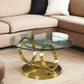 32" Clear And Gold Glass And Metal Round Abstract Coffee Table