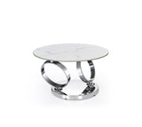 32" White And Silver Ceramic Tile And Metal Round Abstract Coffee Table