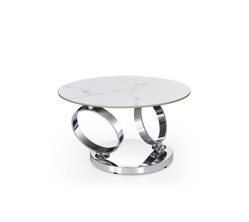 32" White And Silver Ceramic Tile And Metal Round Abstract Coffee Table