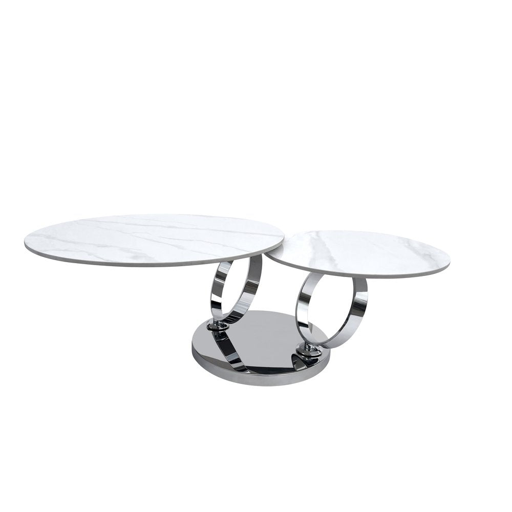 32" White And Silver Ceramic Tile And Metal Round Abstract Coffee Table