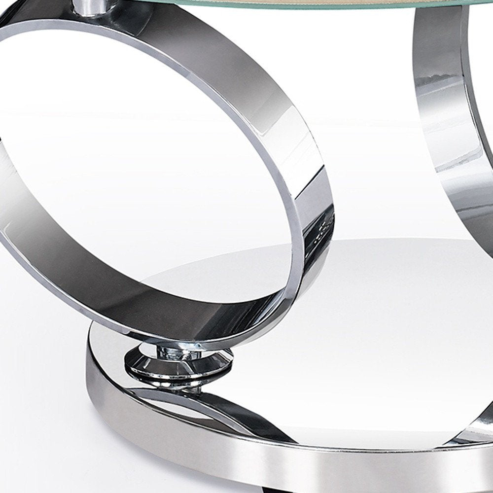 32" White And Silver Ceramic Tile And Metal Round Abstract Coffee Table