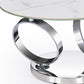 32" White And Silver Ceramic Tile And Metal Round Abstract Coffee Table