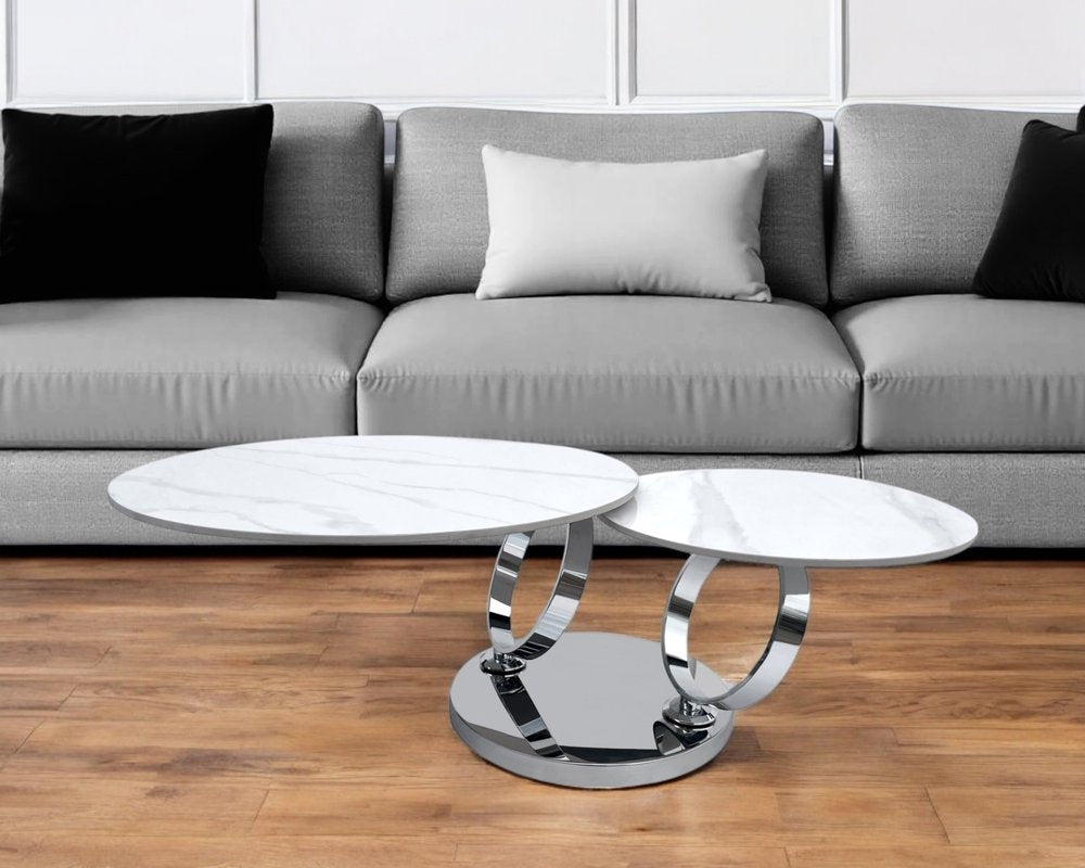 32" White And Silver Ceramic Tile And Metal Round Abstract Coffee Table