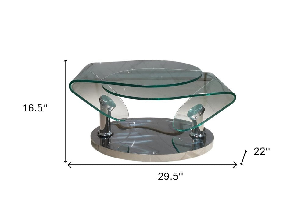 30" Clear And Silver Glass And Metal Oval Abstract Coffee Table