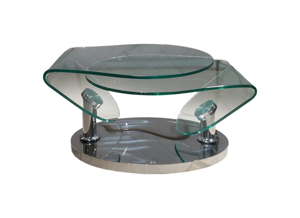 30" Clear And Silver Glass And Metal Oval Abstract Coffee Table