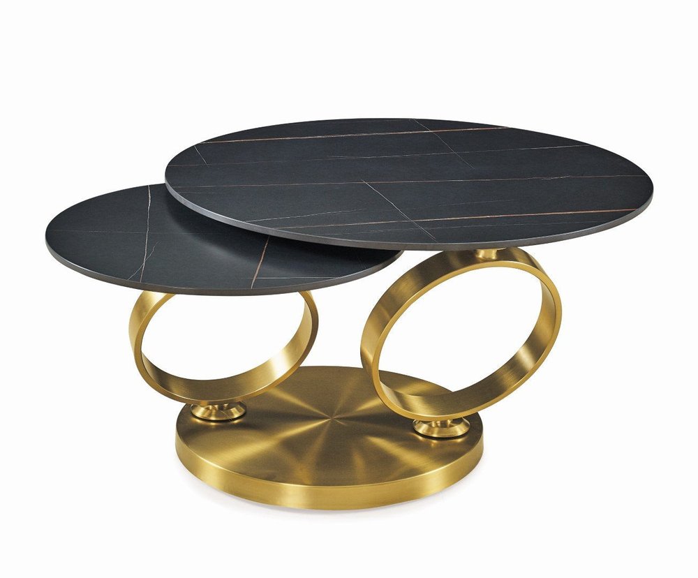 32" Black And Gold Ceramic Tile And Metal Round Distressed Abstract Coffee Table