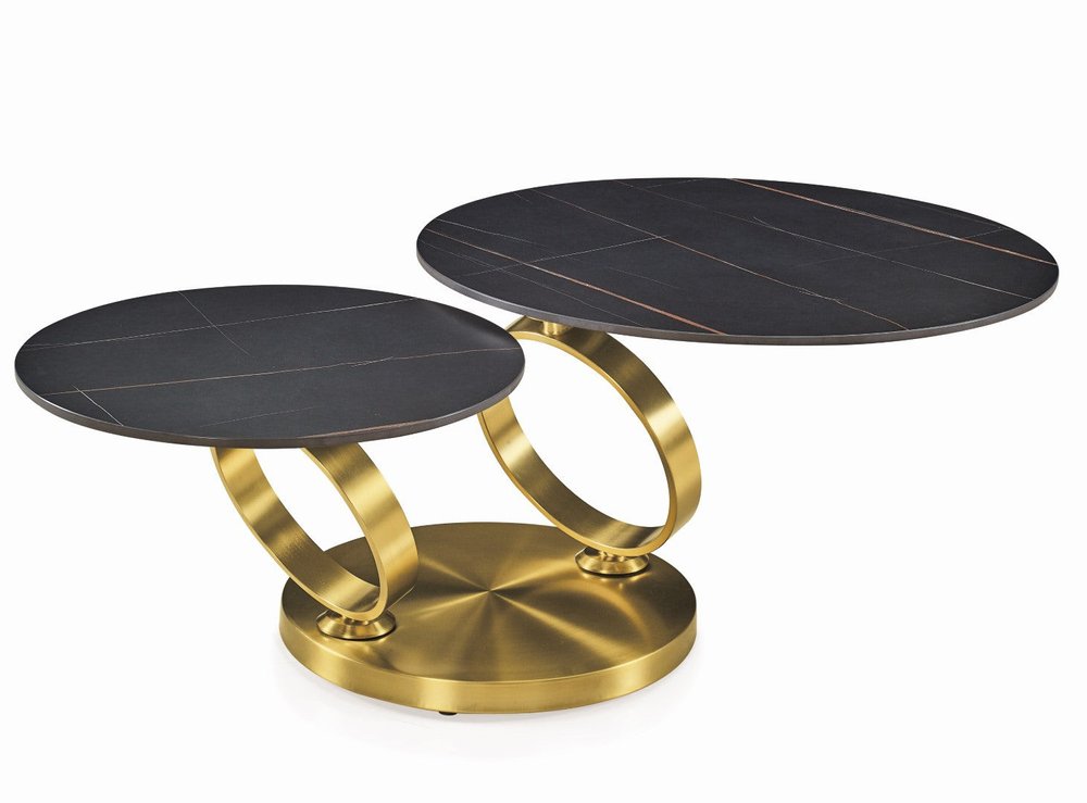 32" Black And Gold Ceramic Tile And Metal Round Distressed Abstract Coffee Table
