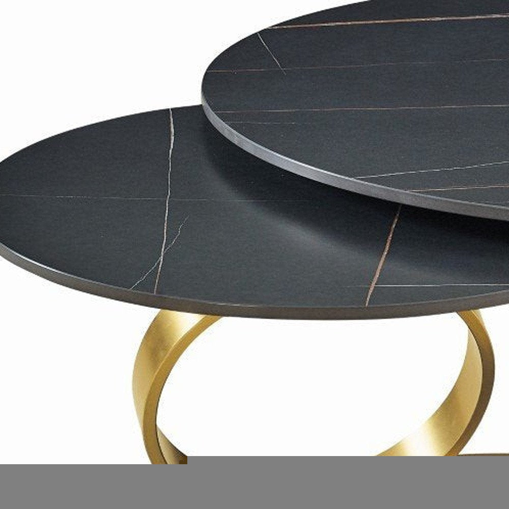 32" Black And Gold Ceramic Tile And Metal Round Distressed Abstract Coffee Table