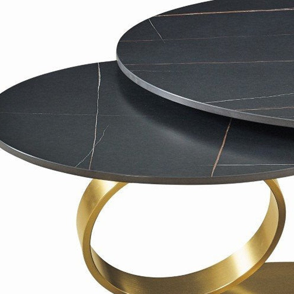 32" Black And Gold Ceramic Tile And Metal Round Distressed Abstract Coffee Table