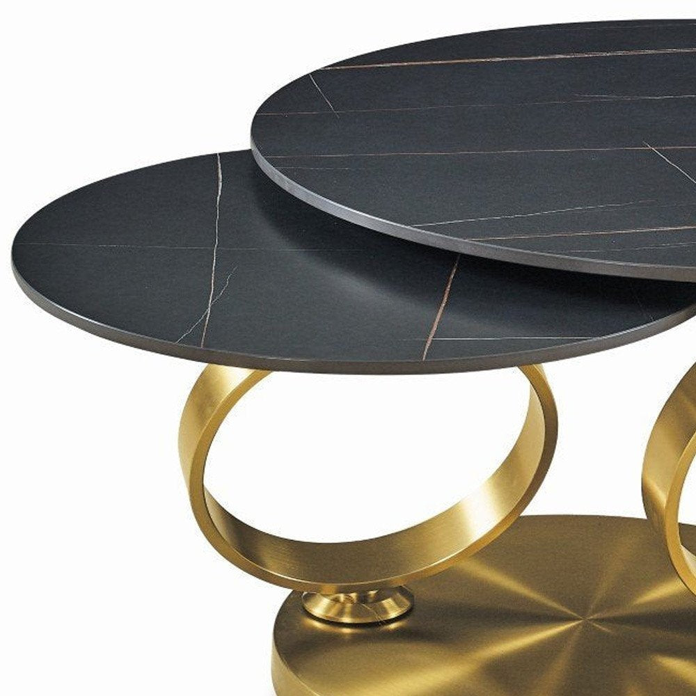 32" Black And Gold Ceramic Tile And Metal Round Distressed Abstract Coffee Table