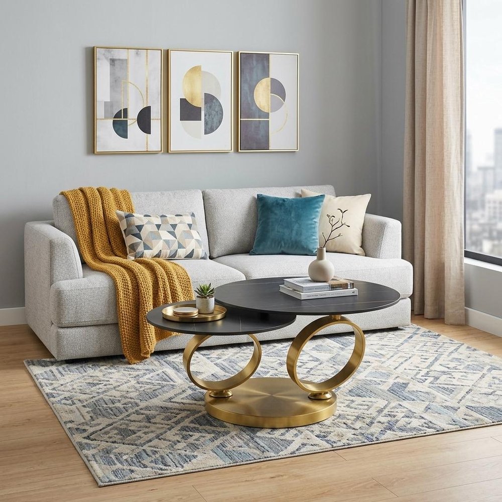 32" Black And Gold Ceramic Tile And Metal Round Distressed Abstract Coffee Table