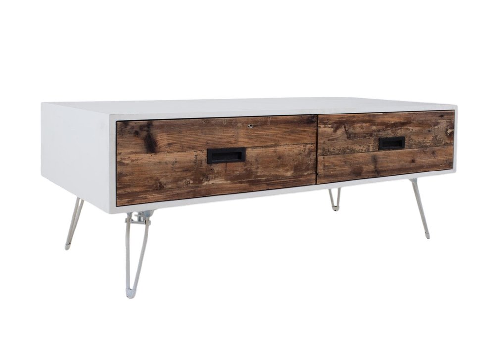 48" Brown And White Wood And Metal Coffee Table With Two Drawers