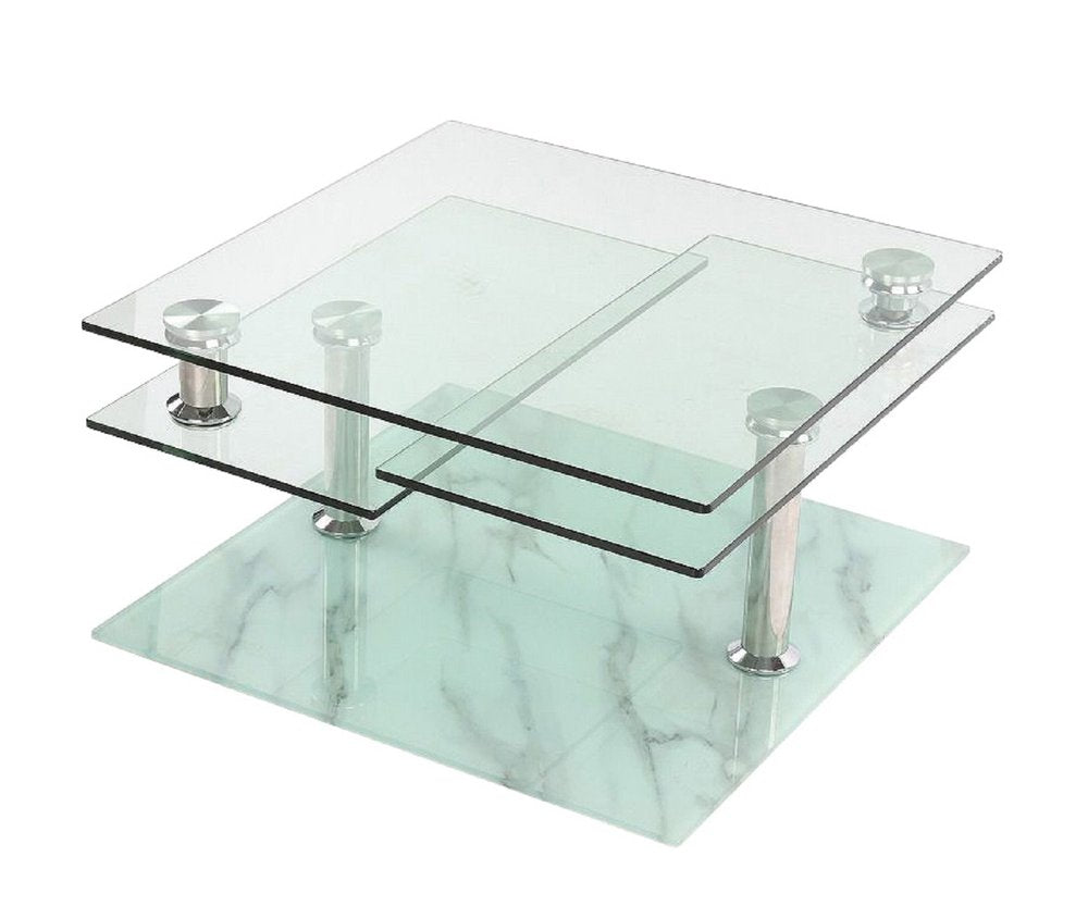 32" Clear and White Faux Marble Glass and Metal Coffee Table With Three Shelves